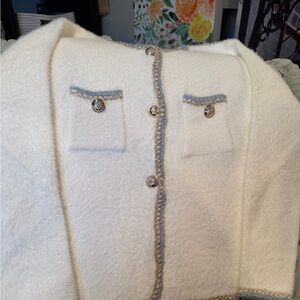 Elegant White fuzzy Women's Jacket with Silver and blue Accents